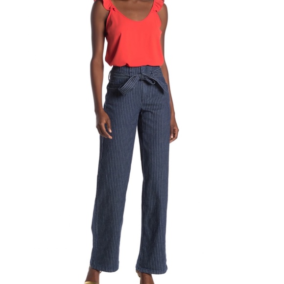 Pinstripe Tie Waist Pants in Navy - Picture 1 of 2